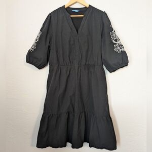 Draper James Black Tiered Floral Embroider Boho Cottage Cotton Casual Midi Dress